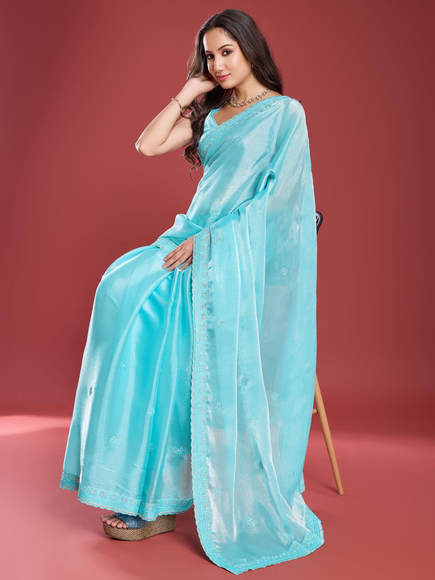 Regal Soft Tissue Burberry Saree – Shiny Blue