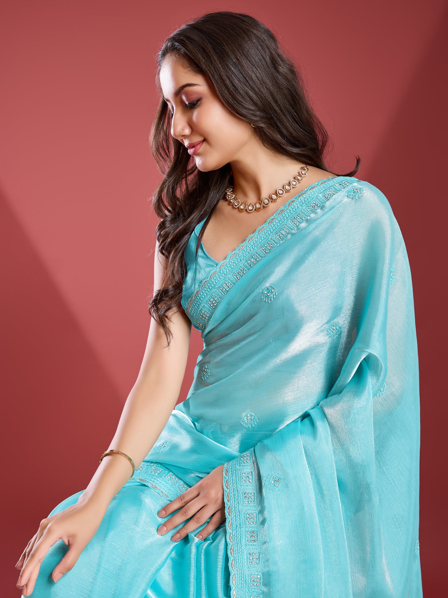 Regal Soft Tissue Burberry Saree – Shiny Blue