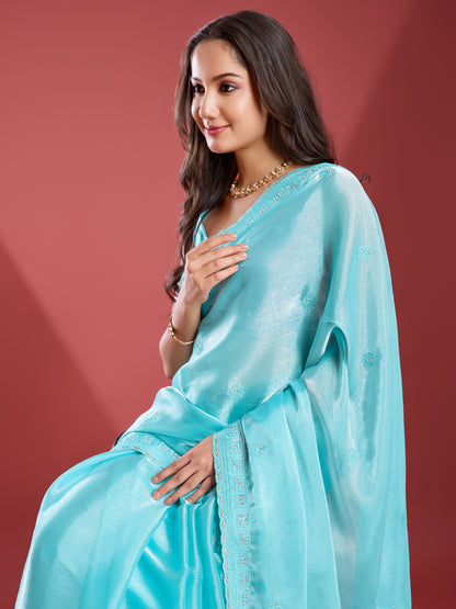 Regal Soft Tissue Burberry Saree – Shiny Blue