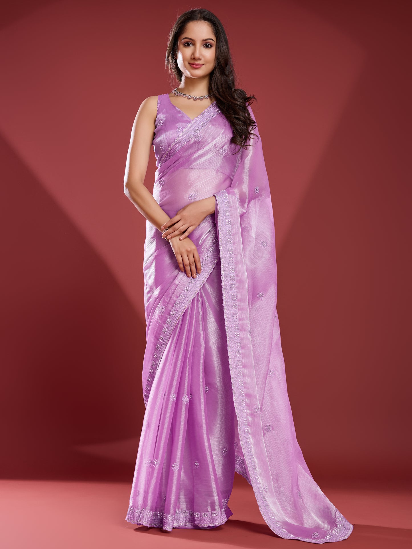 Luxurious Soft Tissue Burberry Saree – Shiny Purple