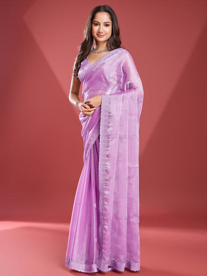 Luxurious Soft Tissue Burberry Saree – Shiny Purple