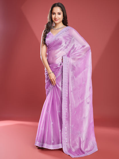 Luxurious Soft Tissue Burberry Saree – Shiny Purple