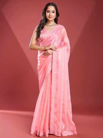 Radiant Soft Tissue Burberry Saree – Glossy Hot Pink