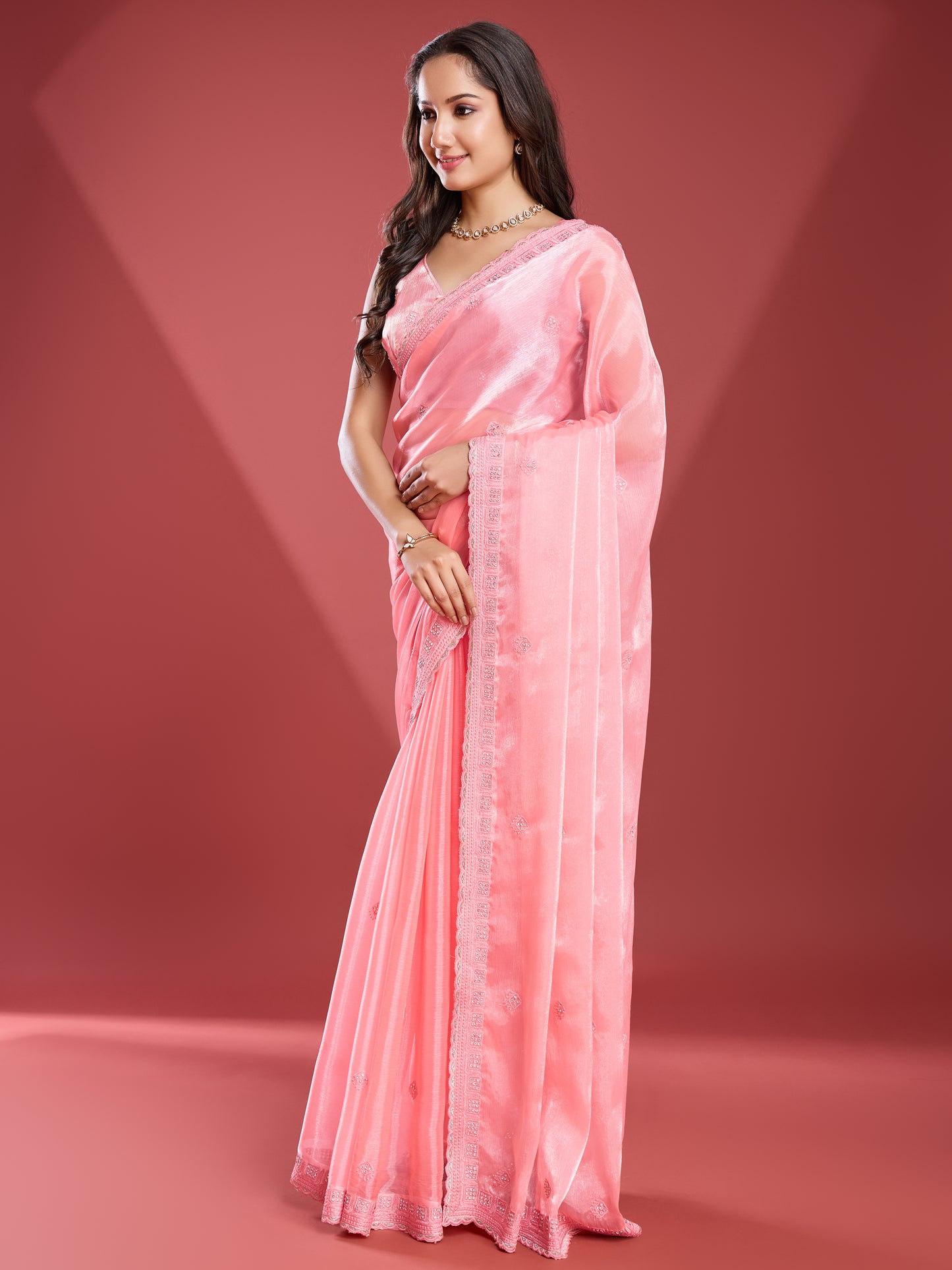 Radiant Soft Tissue Burberry Saree – Glossy Hot Pink