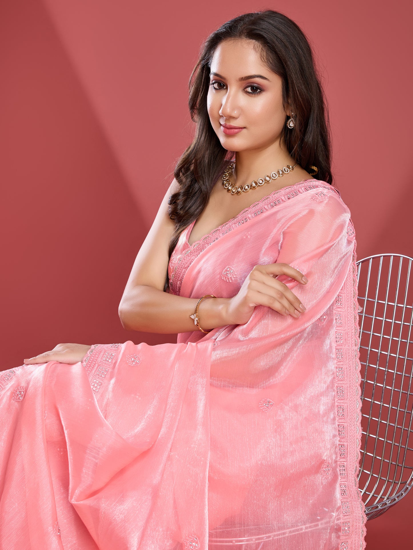 Radiant Soft Tissue Burberry Saree – Glossy Hot Pink