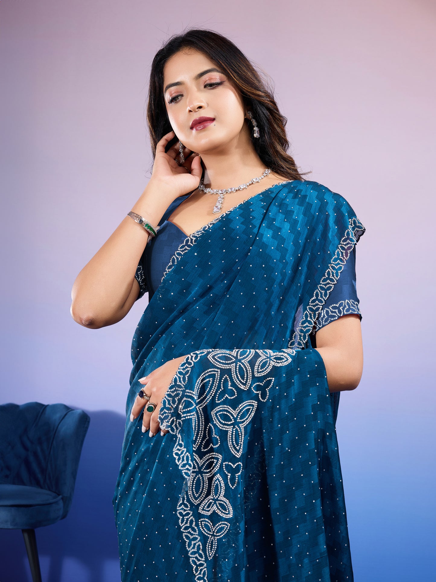 Elegant Self-Pattern Satin Chiffon Saree – Silky Blue