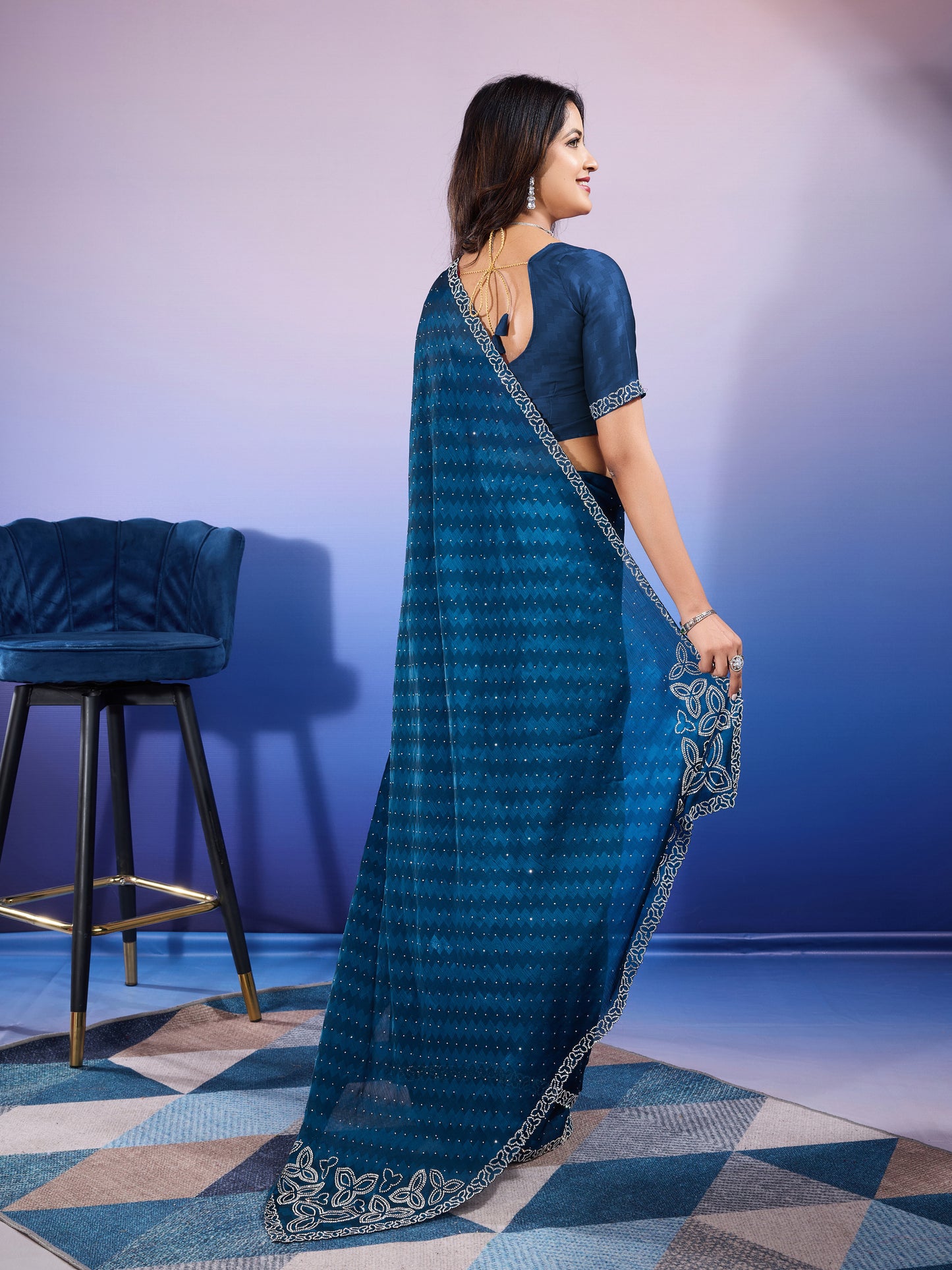 Elegant Self-Pattern Satin Chiffon Saree – Silky Blue