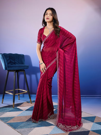 Graceful Self-Pattern Satin Chiffon Saree – Silky Red