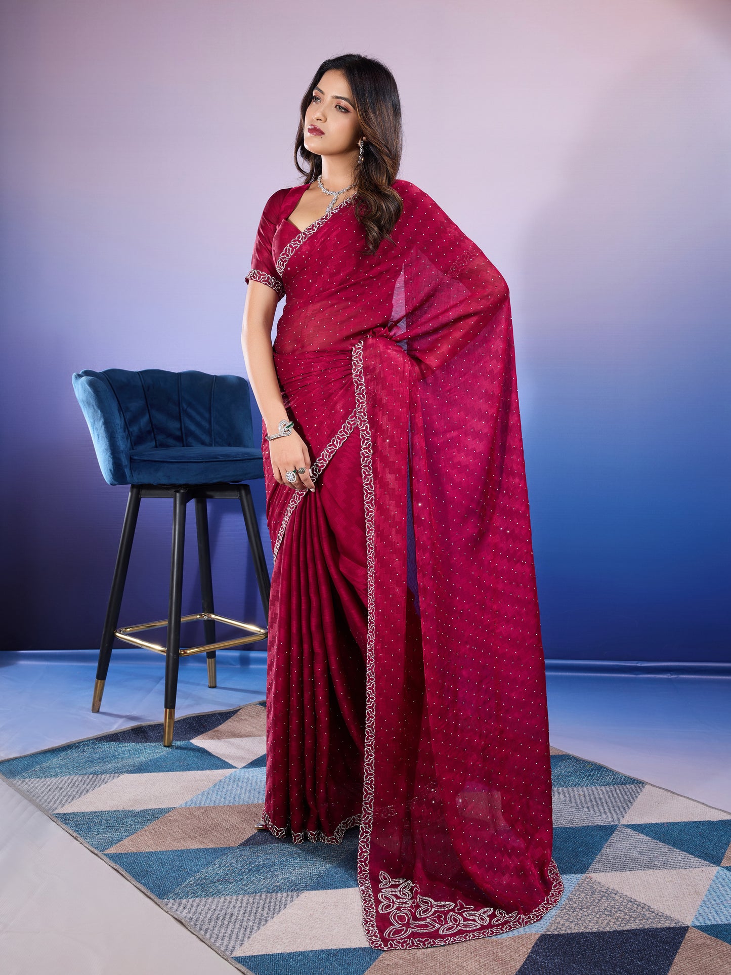 Graceful Self-Pattern Satin Chiffon Saree – Silky Red