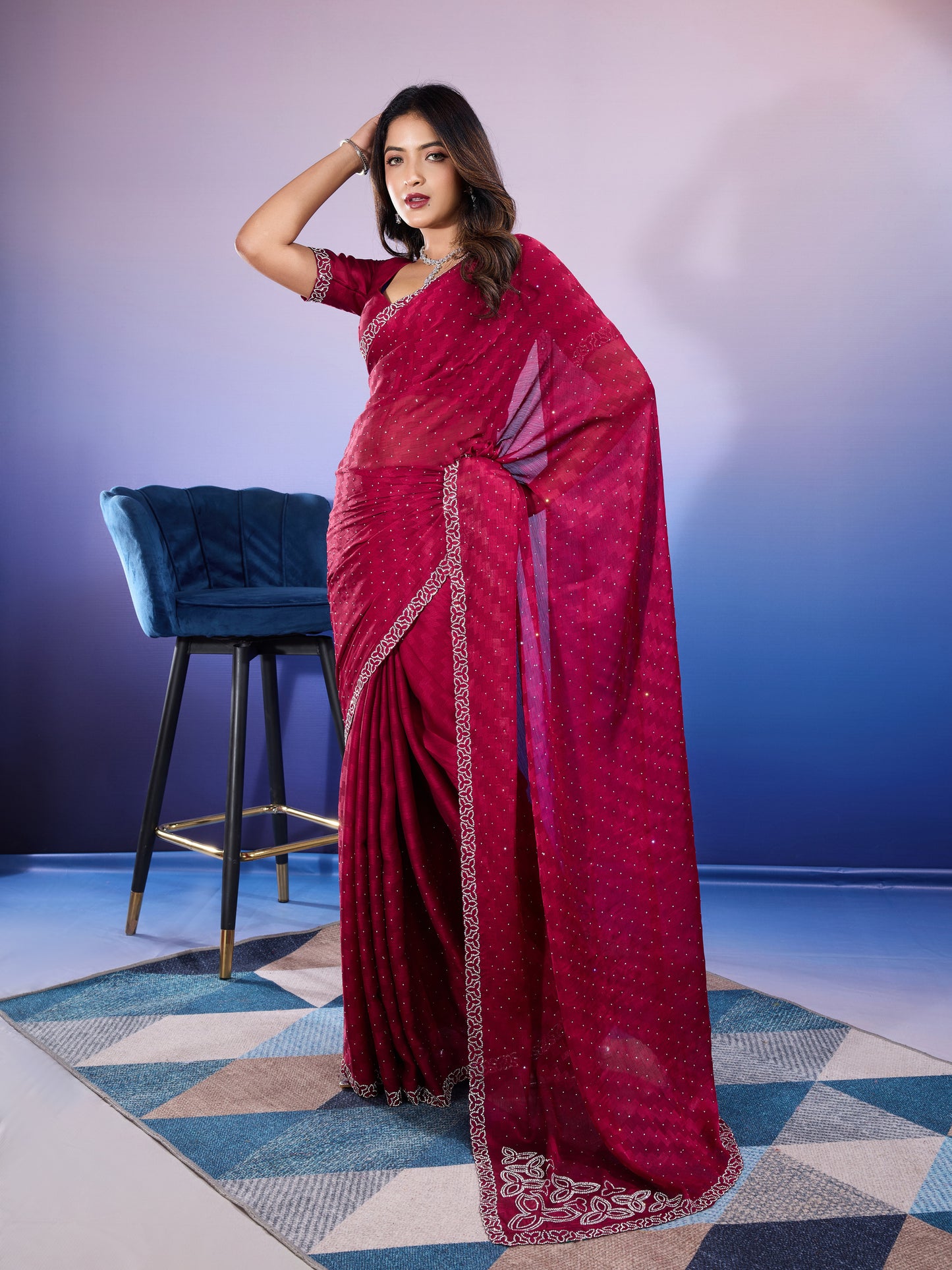 Graceful Self-Pattern Satin Chiffon Saree – Silky Red