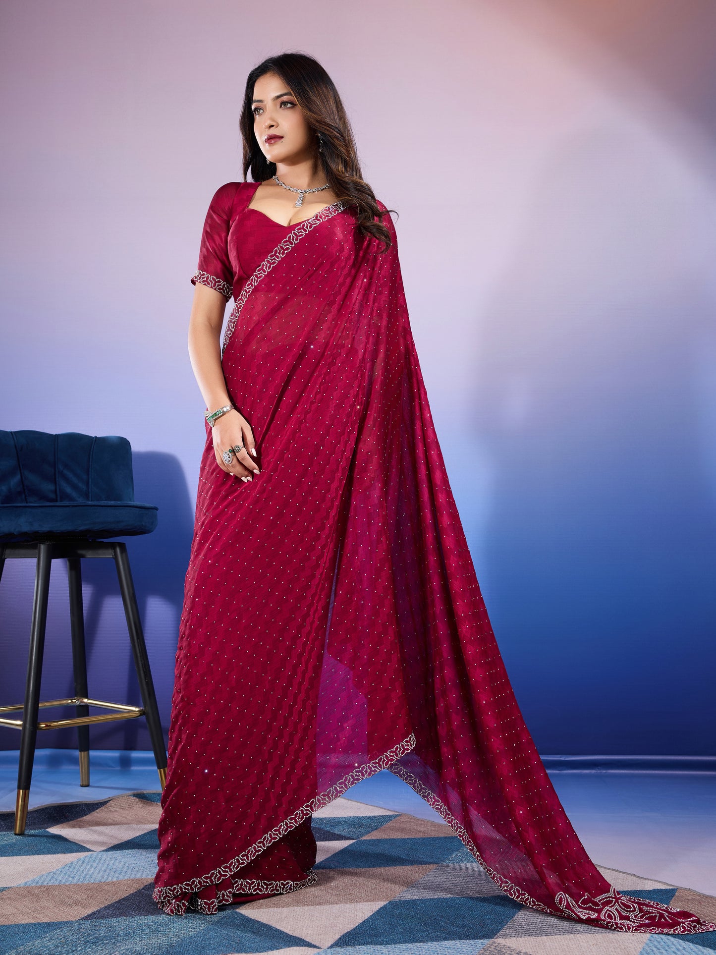 Graceful Self-Pattern Satin Chiffon Saree – Silky Red