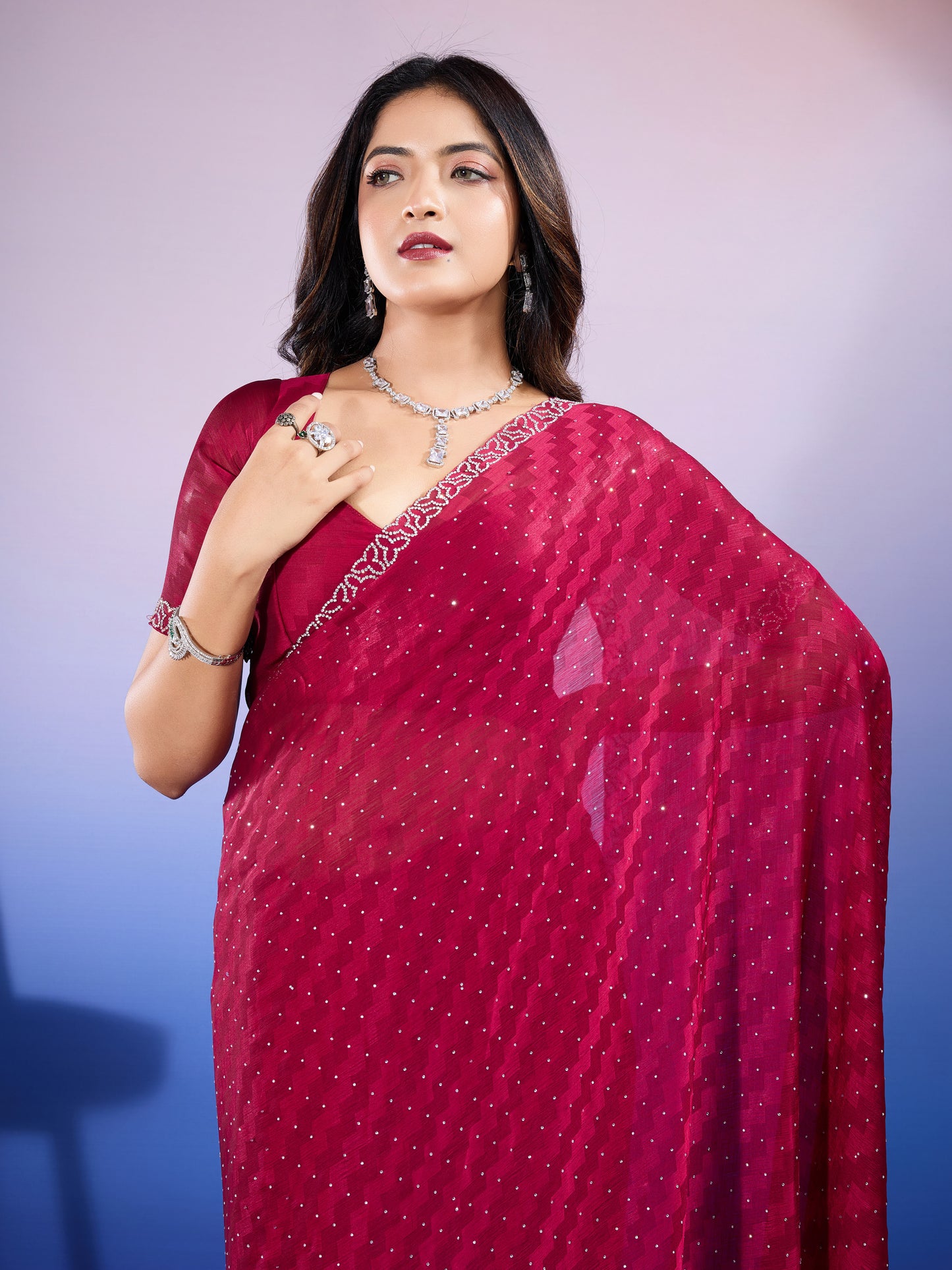 Graceful Self-Pattern Satin Chiffon Saree – Silky Red