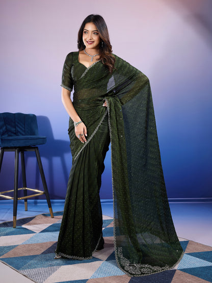 Elegant Self-Pattern Satin Chiffon Saree – Dotted Black