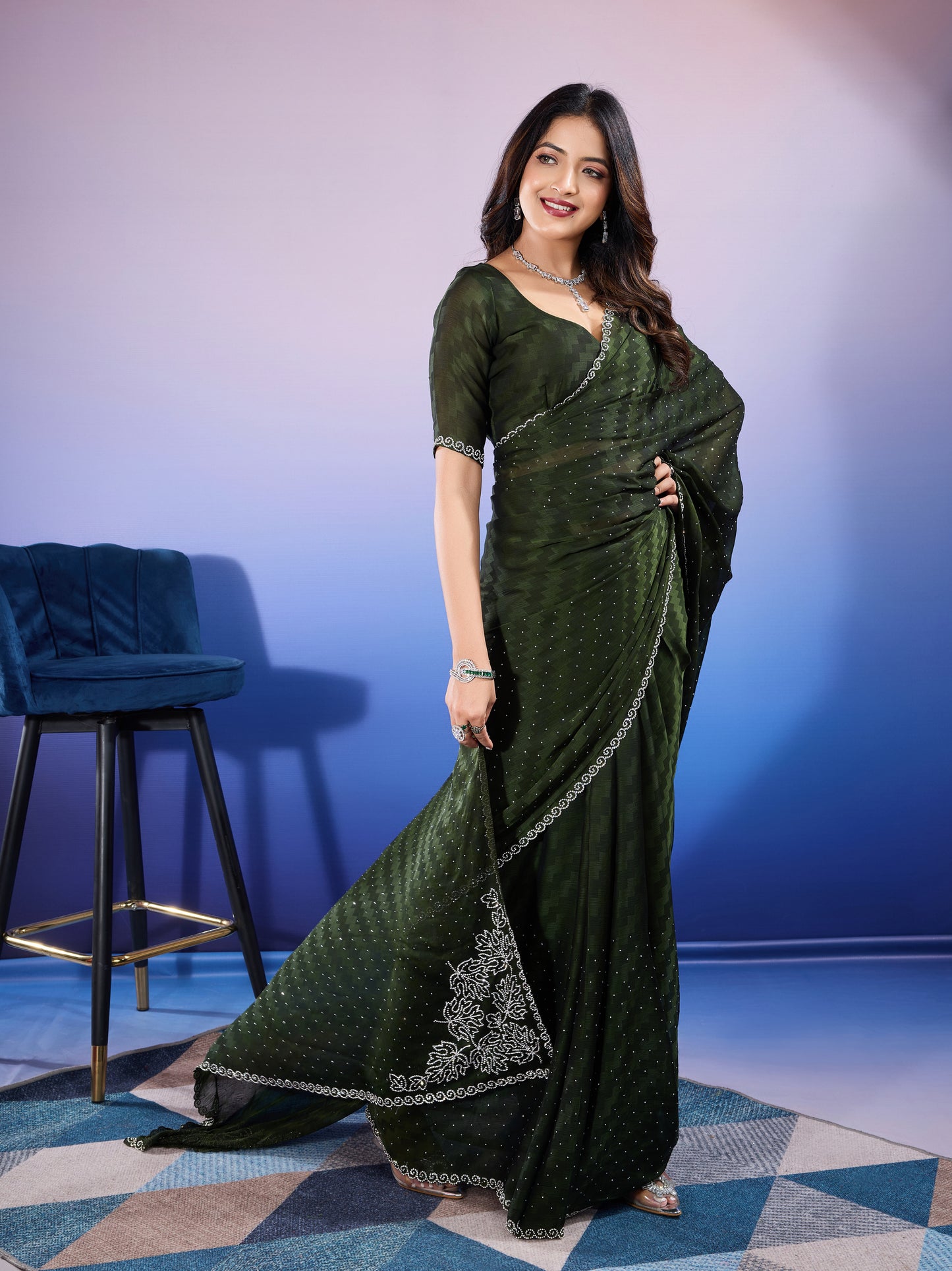 Elegant Self-Pattern Satin Chiffon Saree – Dotted Black