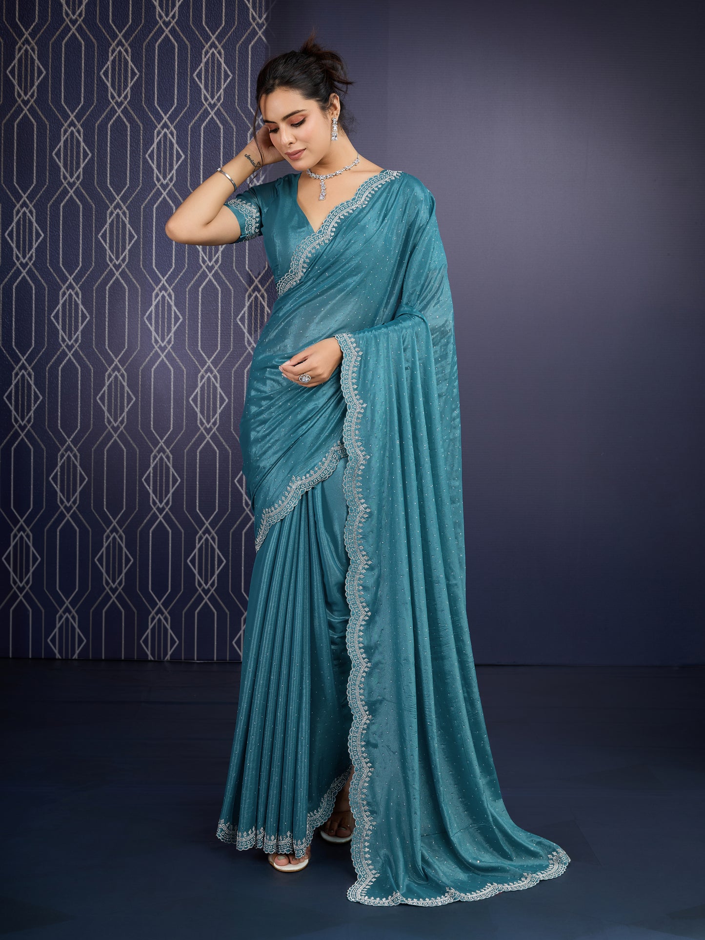 Graceful Peacock Green trending Ice Georgette Saree