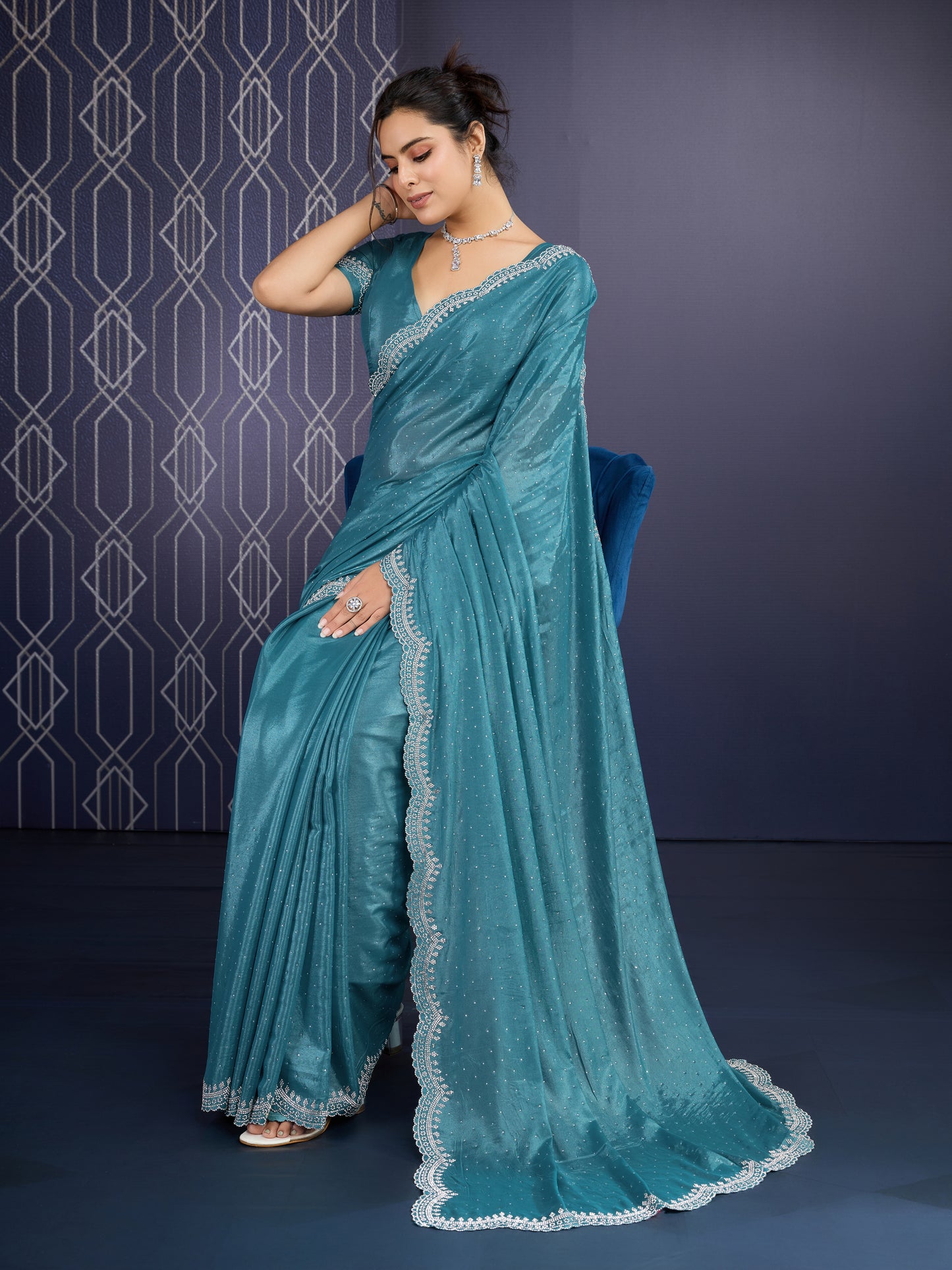 Graceful Peacock Green trending Ice Georgette Saree