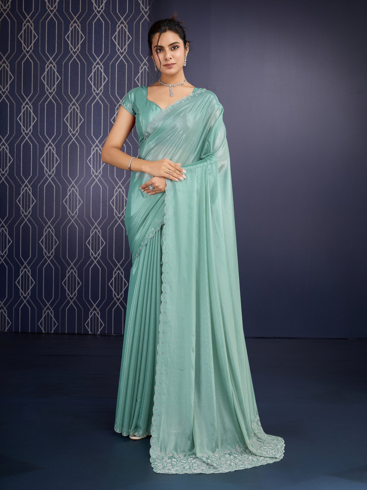 Sparkling Green Radiant Trending Ice Georgette Saree