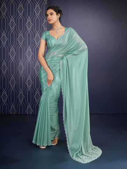 Sparkling Green Radiant Trending Ice Georgette Saree