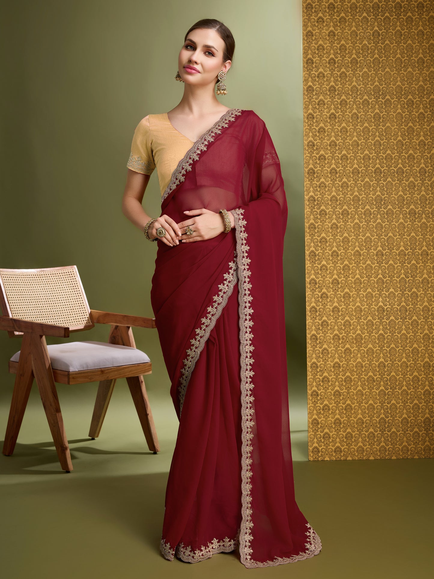 Latest Cherry Red & Golden  Blooming Georgette Saree