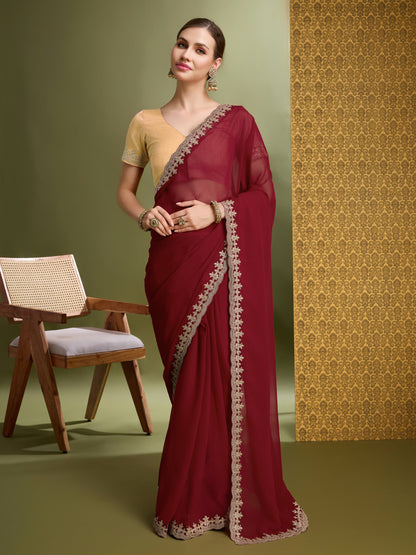 Latest Cherry Red & Golden  Blooming Georgette Saree