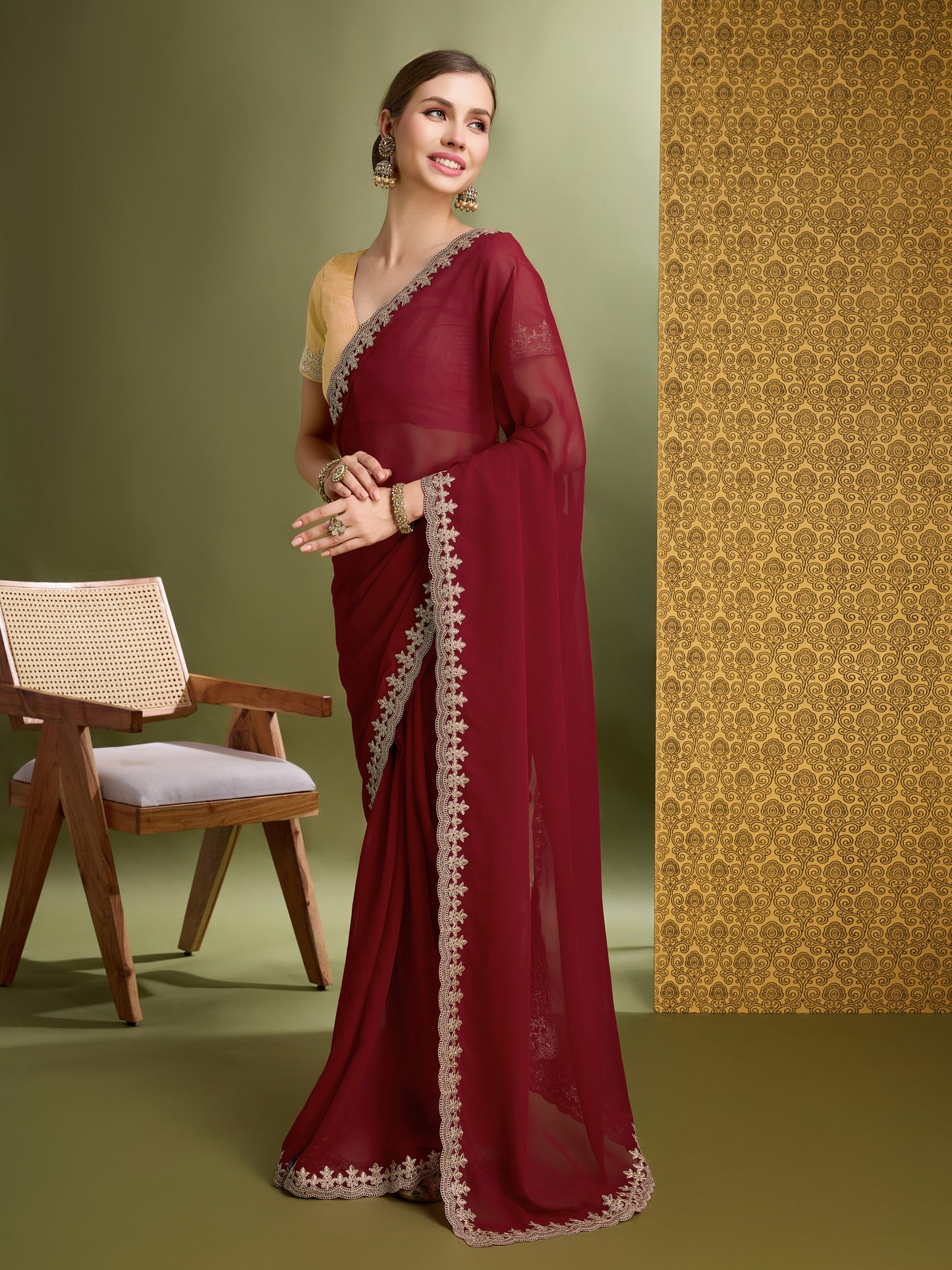 Latest Cherry Red & Golden  Blooming Georgette Saree