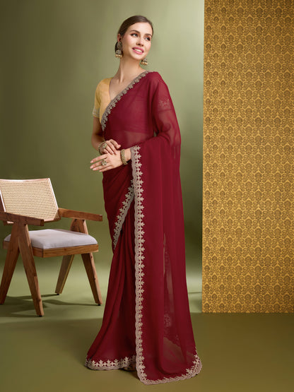 Latest Cherry Red & Golden  Blooming Georgette Saree