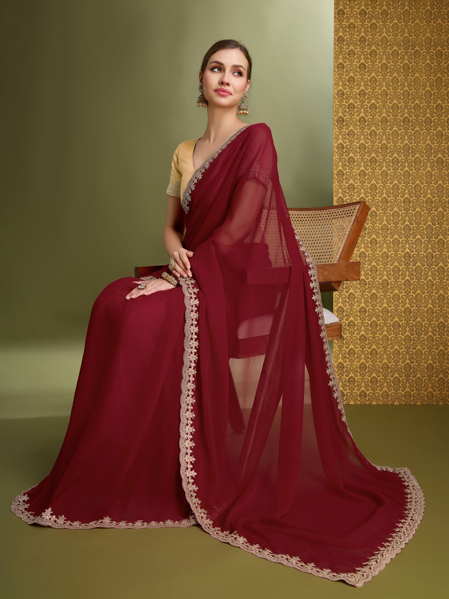 Latest Cherry Red & Golden  Blooming Georgette Saree