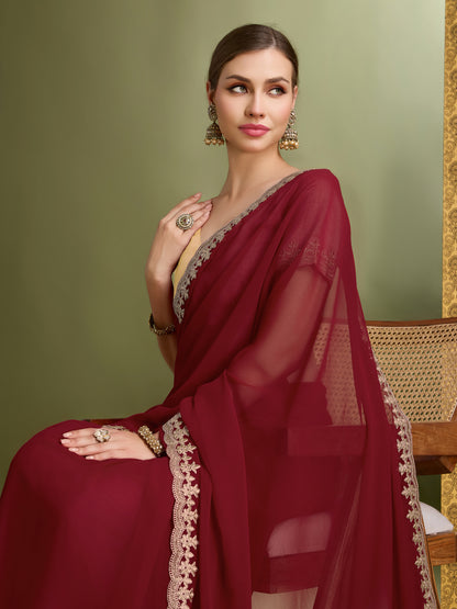 Latest Cherry Red & Golden  Blooming Georgette Saree