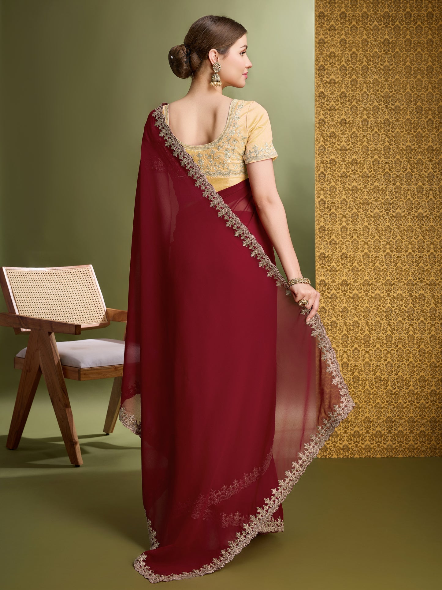 Latest Cherry Red & Golden  Blooming Georgette Saree