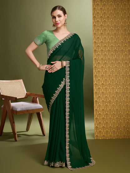 Latest Chilli Green Exquisite Blooming Georgette Saree