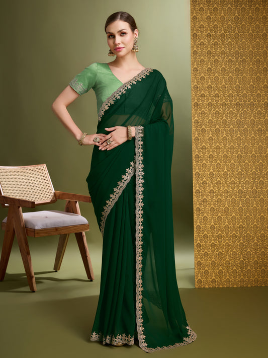 Latest Chilli Green Exquisite Blooming Georgette Saree