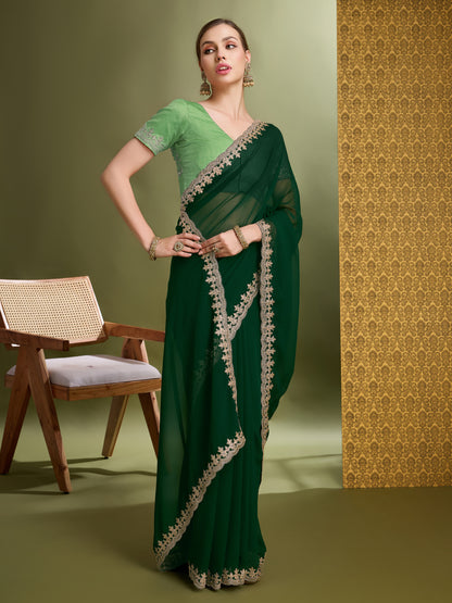 Latest Chilli Green Exquisite Blooming Georgette Saree