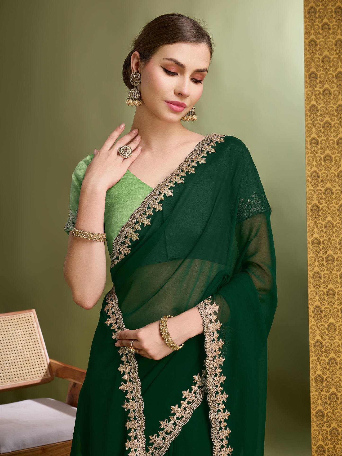 Latest Chilli Green Exquisite Blooming Georgette Saree