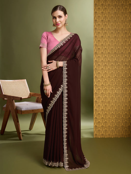 Latest Regal Blooming Georgette Maroon Saree with Pink Blouse