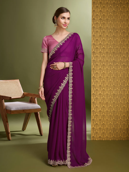 Latest Royal Blooming Georgette Wine Saree with Pink Blouse