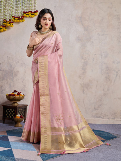 Blush Pink Linen Slub Saree with Zari Patta & Khatli Work Pallu