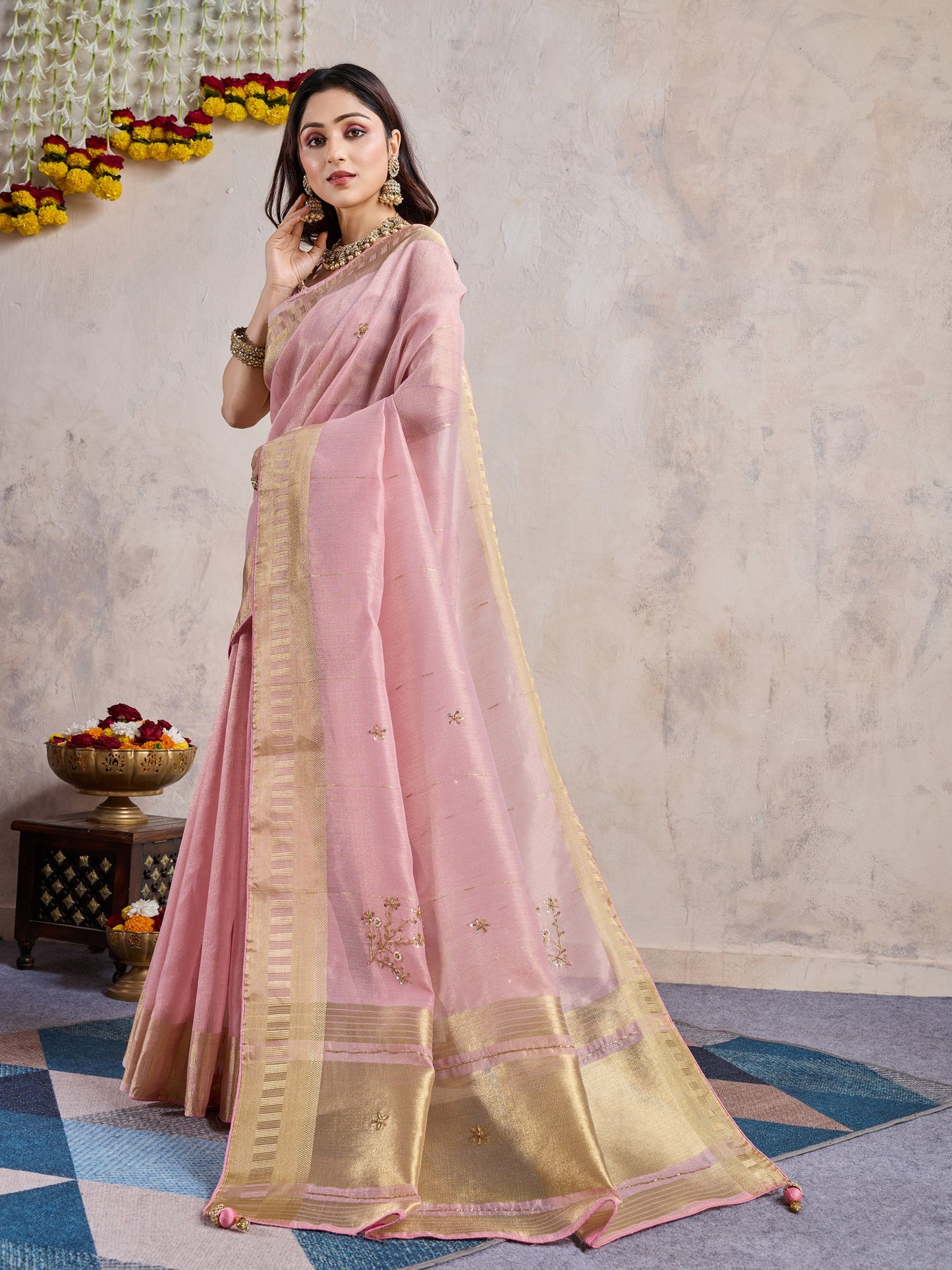 Blush Pink Linen Slub Saree with Zari Patta & Khatli Work Pallu