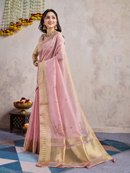 Blush Pink Linen Slub Saree with Zari Patta & Khatli Work Pallu