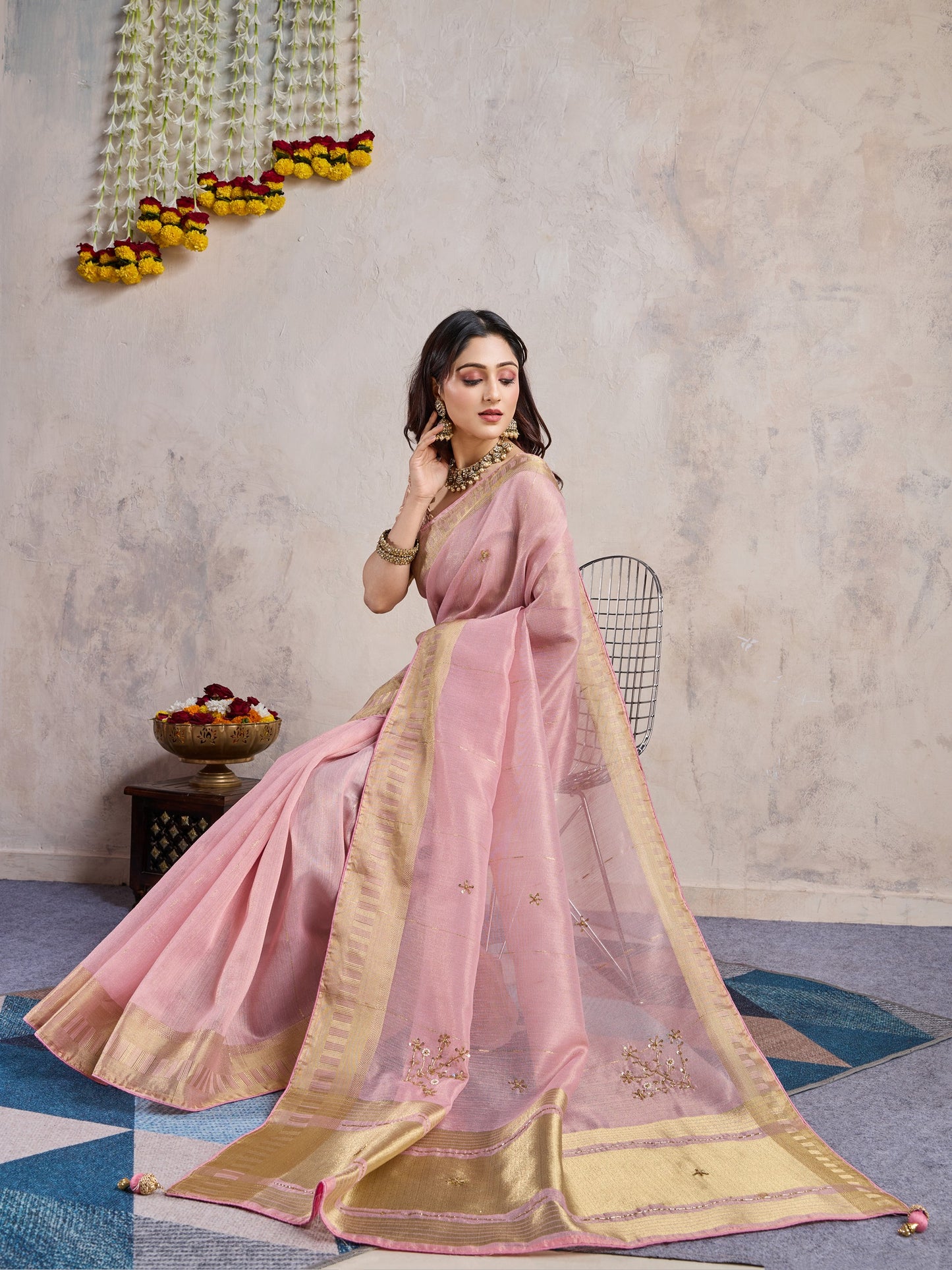 Blush Pink Linen Slub Saree with Zari Patta & Khatli Work Pallu