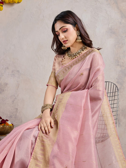 Blush Pink Linen Slub Saree with Zari Patta & Khatli Work Pallu