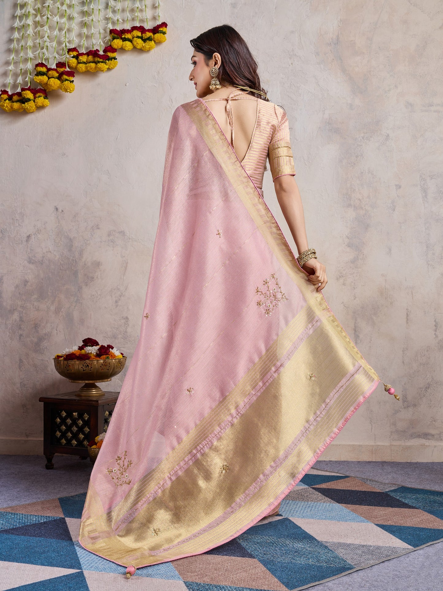 Blush Pink Linen Slub Saree with Zari Patta & Khatli Work Pallu