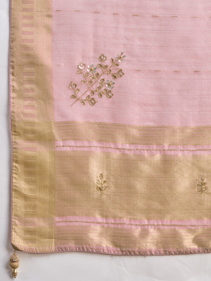 Blush Pink Linen Slub Saree with Zari Patta & Khatli Work Pallu