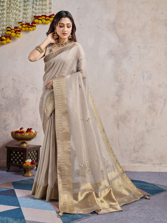 Elegant Ivory Linen Slub Saree with Zari Patta & Khatli Work Pallu