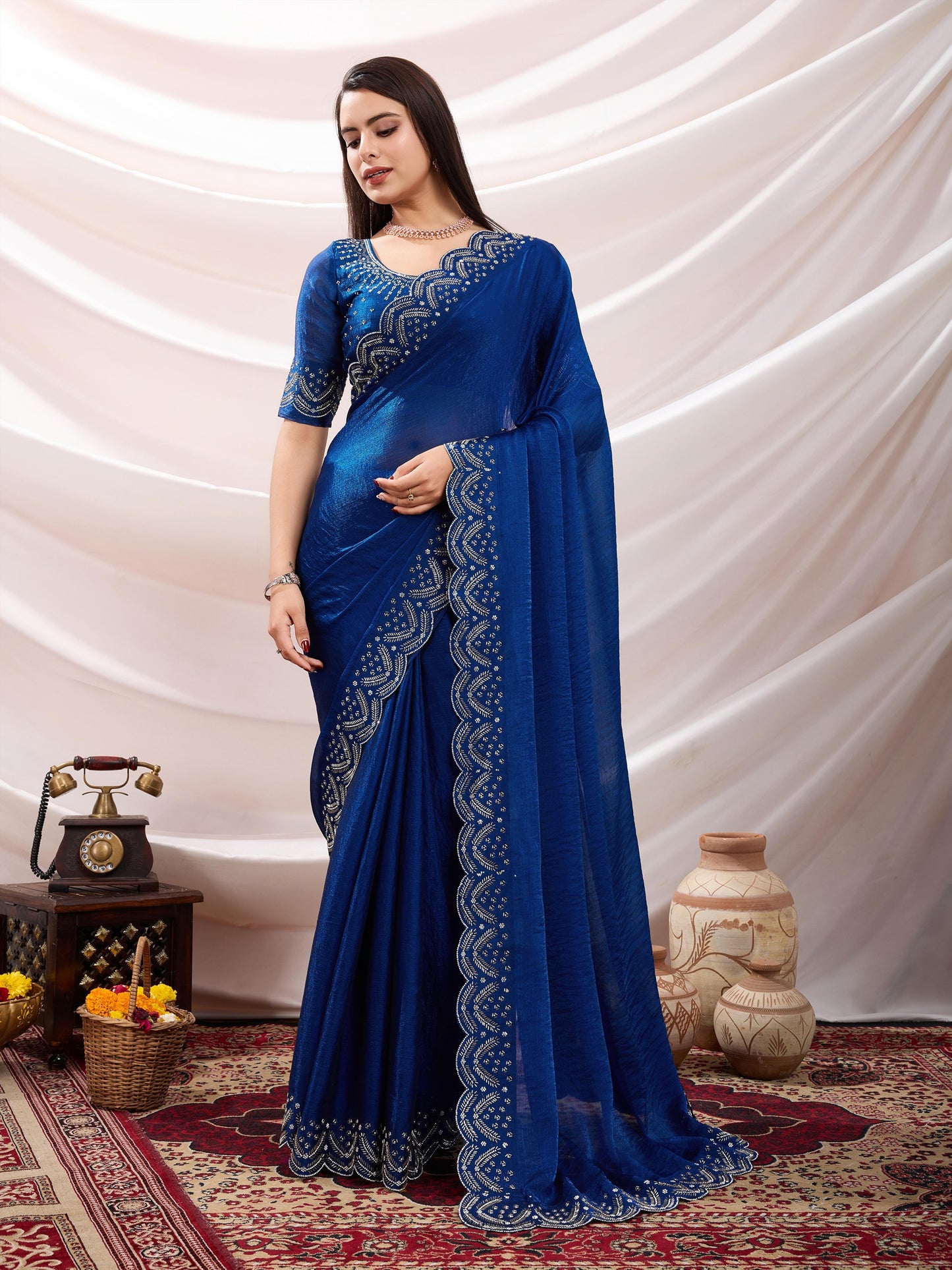 Latest Luxurious Blue Velvet Chiffon Saree