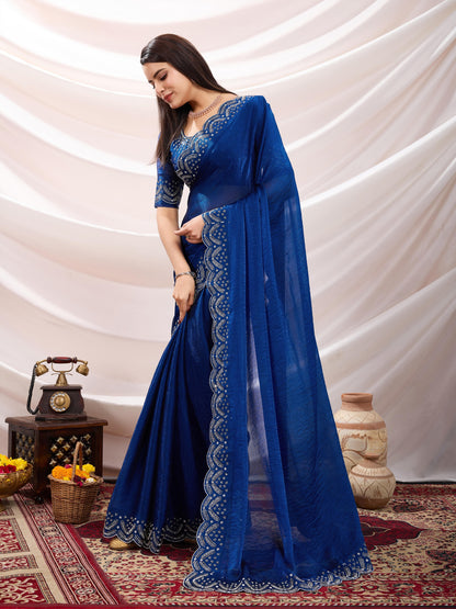 Latest Luxurious Blue Velvet Chiffon Saree