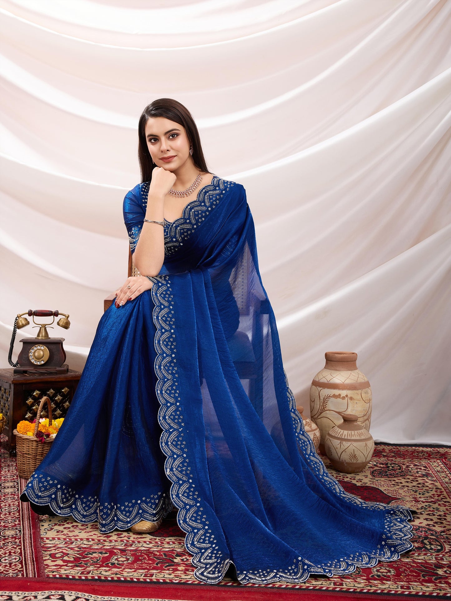 Latest Luxurious Blue Velvet Chiffon Saree