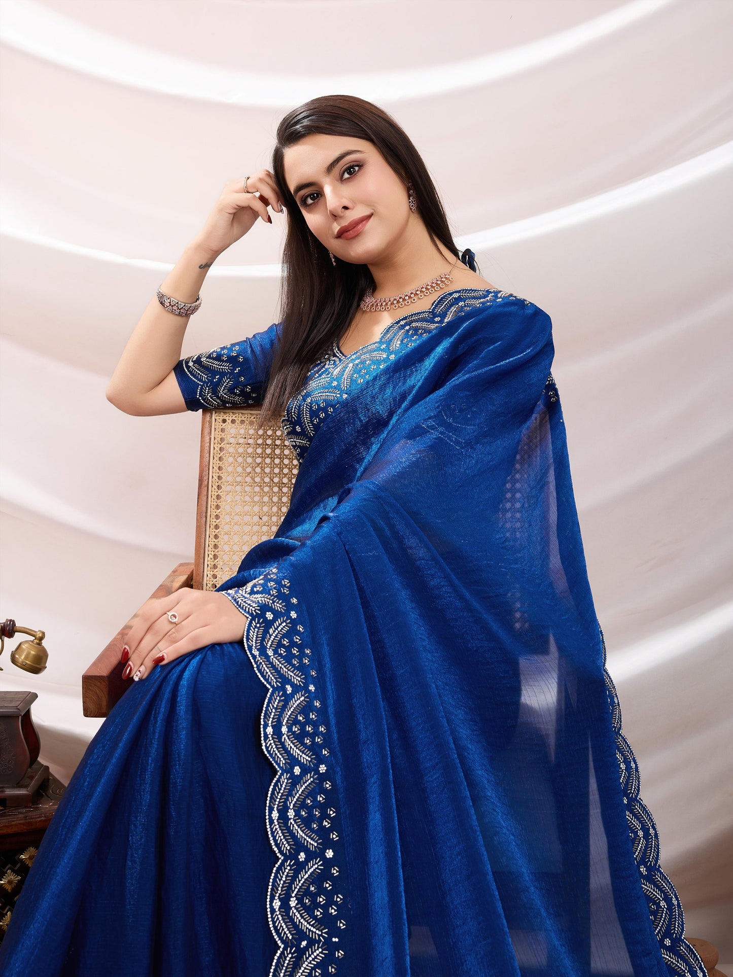 Latest Luxurious Blue Velvet Chiffon Saree