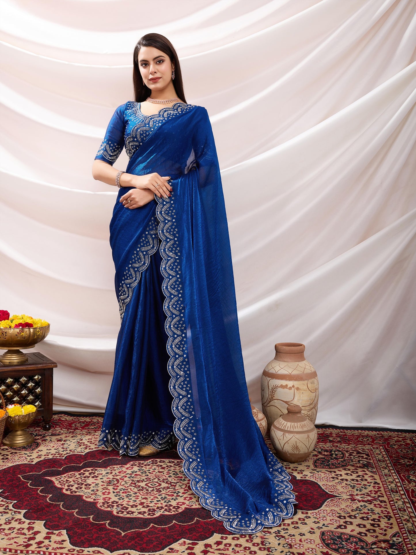 Latest Luxurious Blue Velvet Chiffon Saree