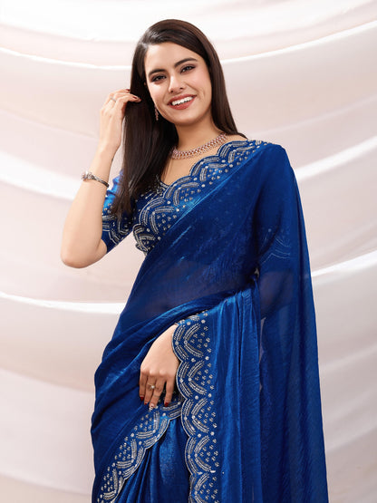 Latest Luxurious Blue Velvet Chiffon Saree