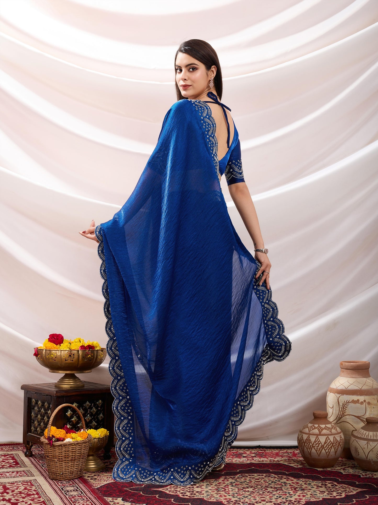 Latest Luxurious Blue Velvet Chiffon Saree